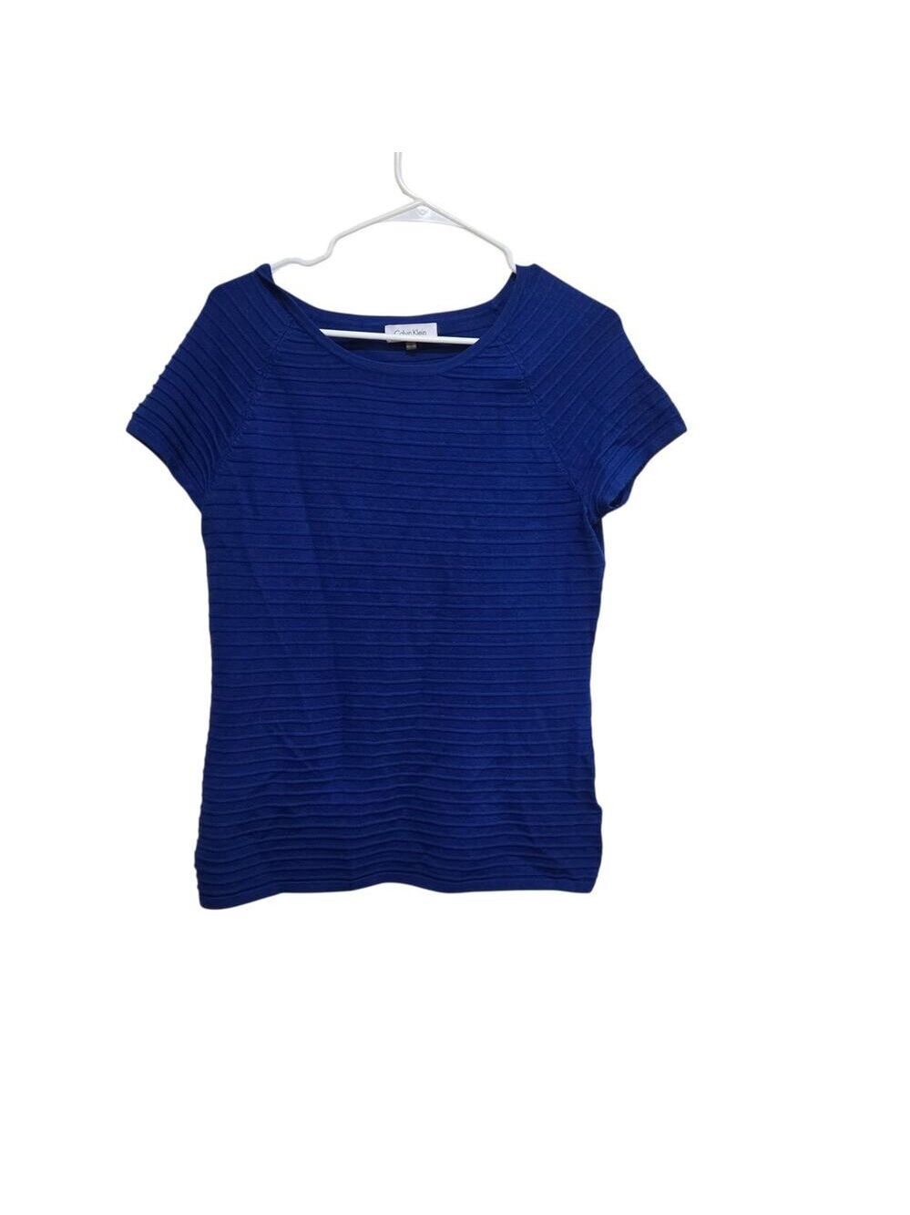 Calvin Klein Ribbed Knit Top Blue Short Sleeve Fitted Small
